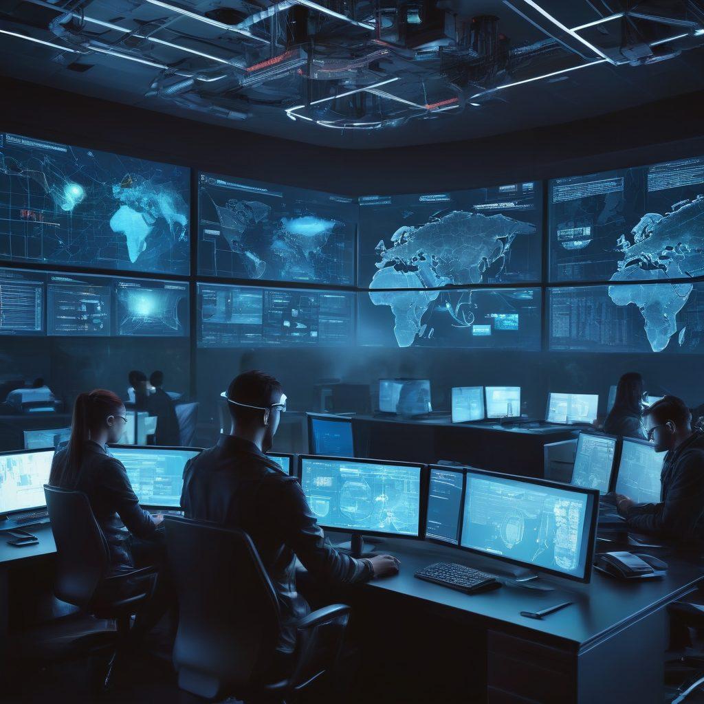 A high-tech command center filled with multiple screens displaying cyber defense strategies, with a digital map highlighting malware hotspots. A team of diverse cybersecurity experts collaborating intensely, surrounded by futuristic technology and glowing data streams. Visually incorporate elements of hacking and defense, like firewalls and security shields. The atmosphere should be dynamic and engaging, emphasizing innovation and teamwork. cyberpunk style. vibrant colors. 3D.