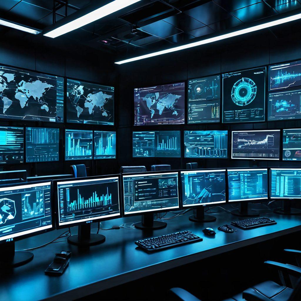 A sleek digital lab environment showcasing forensic investigators meticulously analyzing computer screens filled with data recovery processes and evidential graphs. The foreground features advanced tools like a magnifying glass over digital code, while the background displays a futuristic server room with vibrant LED lights and security protocols. Emphasize a confident, knowledgeable atmosphere in a harmonious blend of technology and artistry. cyberpunk. super-realistic. vibrant colors.