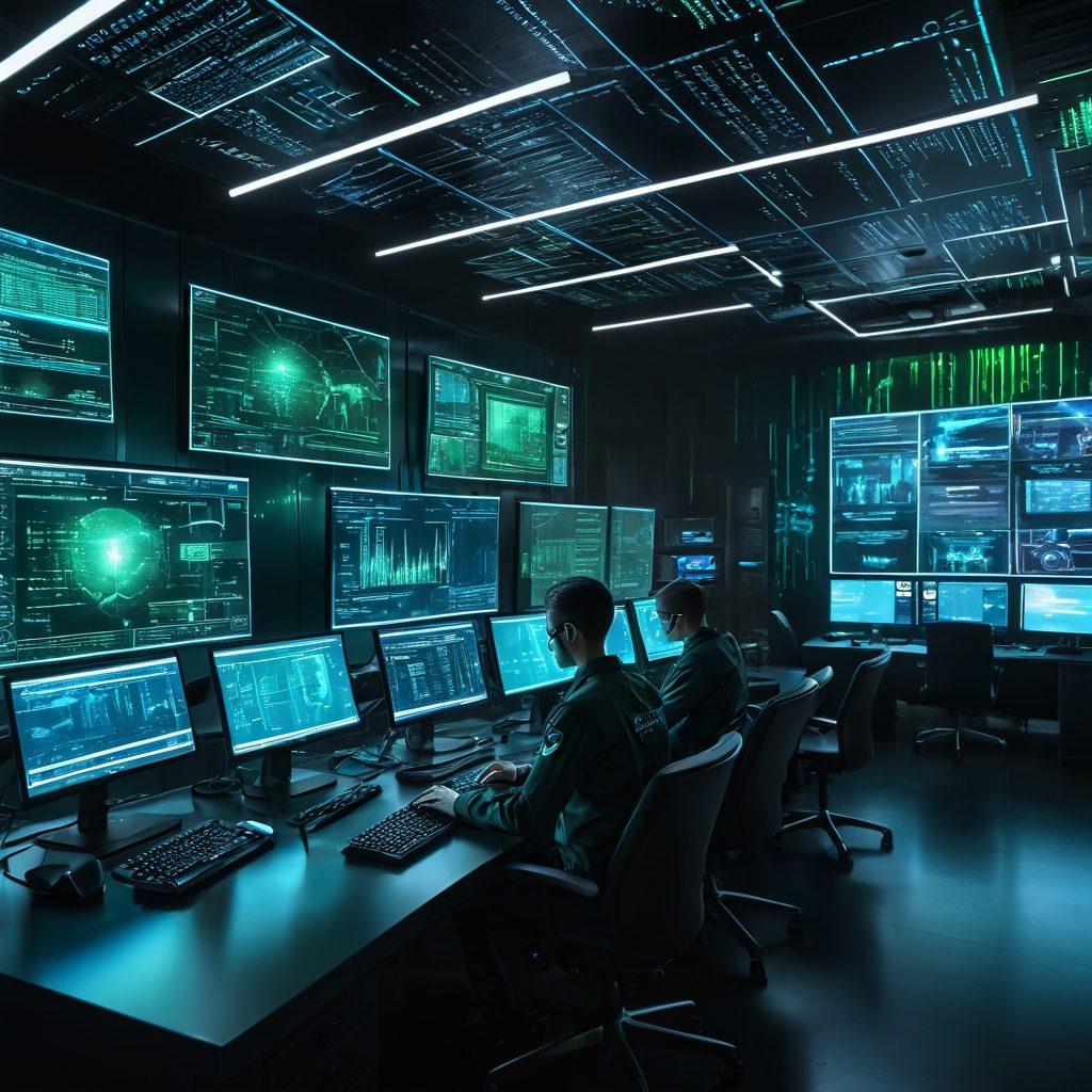 A futuristic digital landscape showcasing a cyber defense command center, featuring holographic monitors displaying data protection strategies, a professional analyzing computer code with a magnifying glass, and forensic tools strategically placed around. The scene is illuminated with neon blue and green lights, symbolizing technology and security. Incorporate elements like matrix-style digital rain and circuit patterns in the background. cyberpunk. vibrant colors. 3D.
